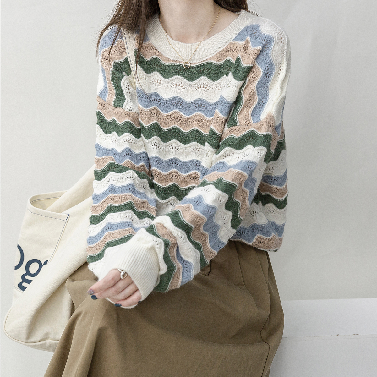 镂空针织衫女秋季长袖宽松百搭慵懒风条纹上衣