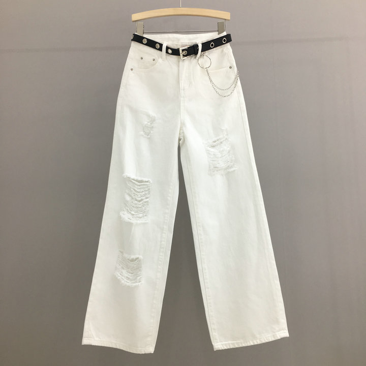 欧货潮流破洞牛仔裤女宽松白色直筒高腰阔腿拖地裤