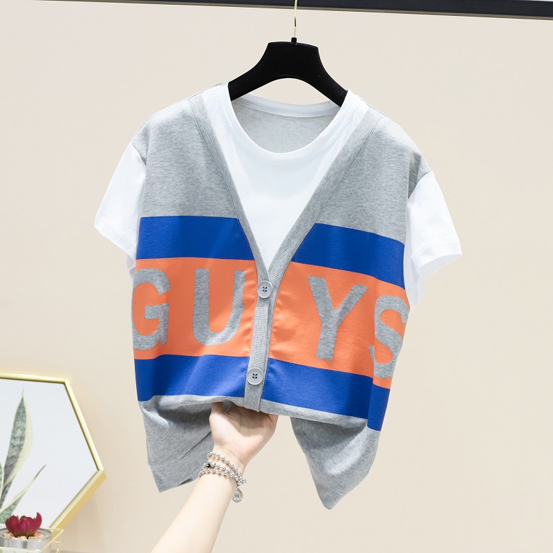 假两件短袖tg恤女春夏季新款韩版宽松拼接上衣百搭针织衫