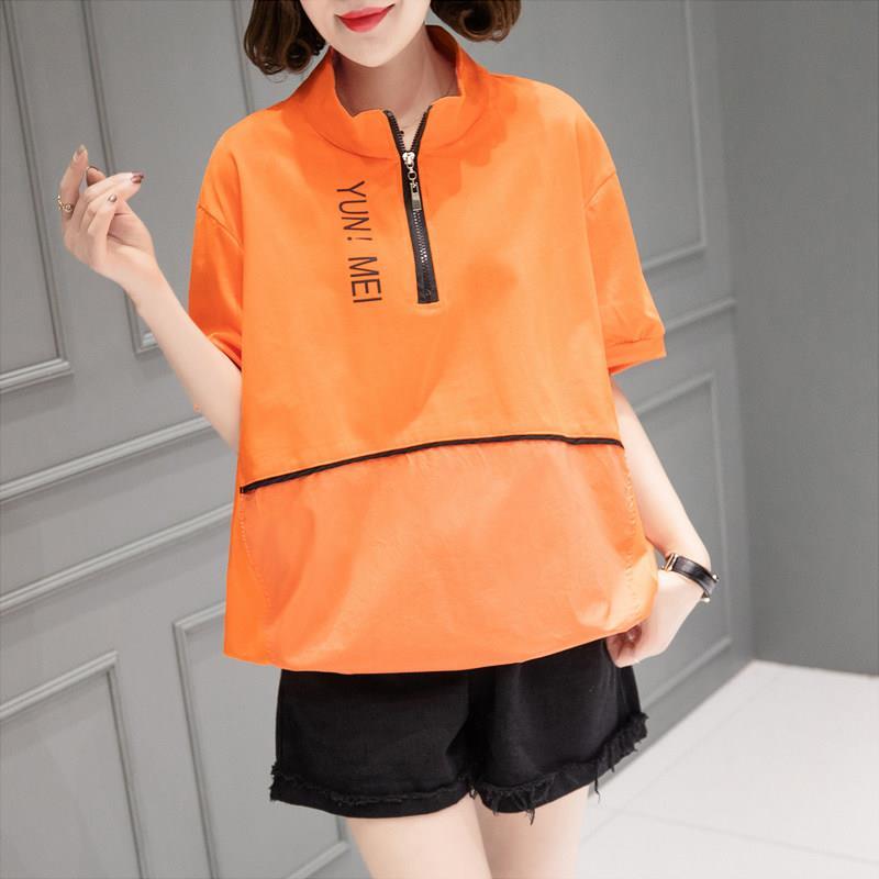 大码立领半拉链T恤女短袖夏季新款宽松韩版字母胖妹妹休闲