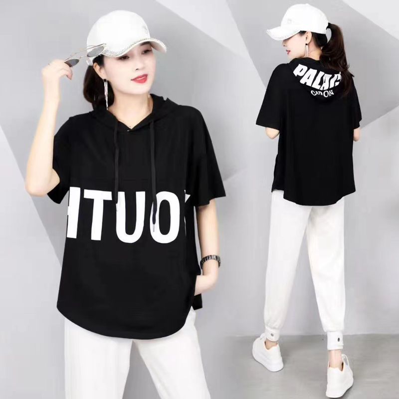 短袖单件时髦纯色字母宽松加肥加大码棉T恤胖MM夏装