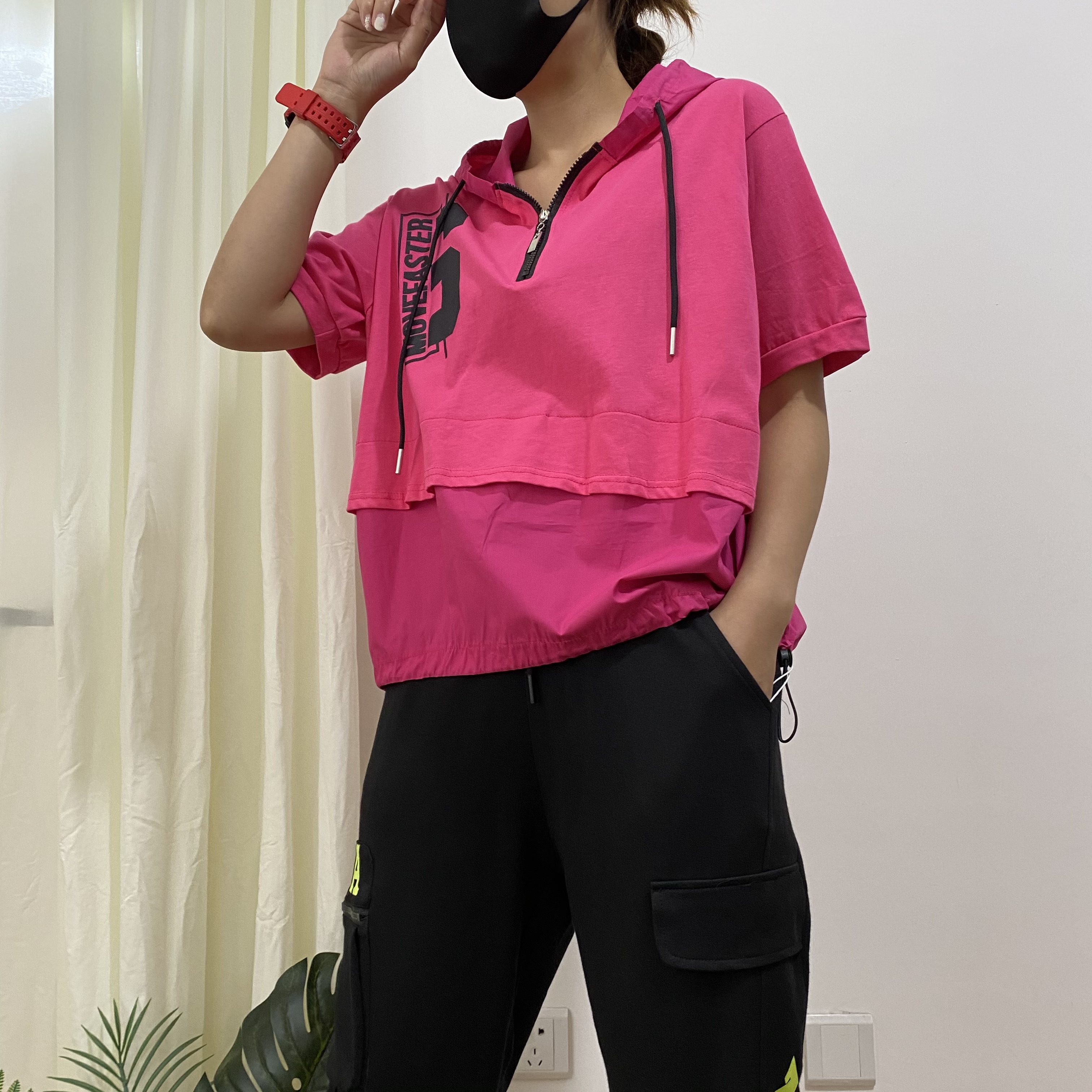 夏季新款个性字母印花拼接拉链连帽短袖T恤女宽松显瘦上衣潮