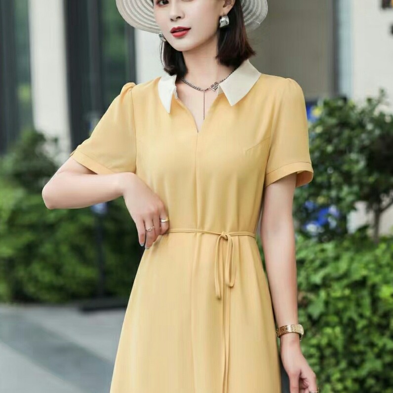 连衣裙纯色翻领衬衣领系带舒适宽松