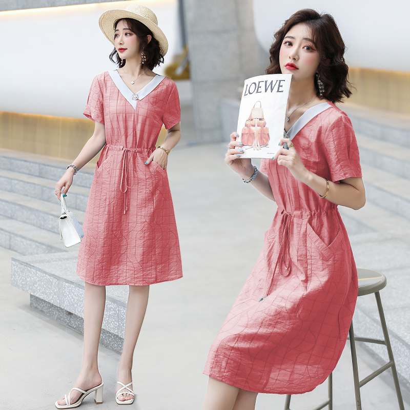 连衣裙女收腰显瘦气质夏季新款中长款小清新褶皱POLO领裙子女