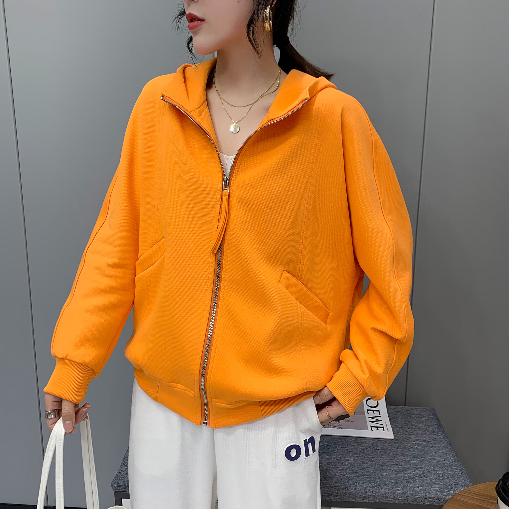 秋新款短款韩版连帽拉链针织棉卫衣开衫外套女糖果色