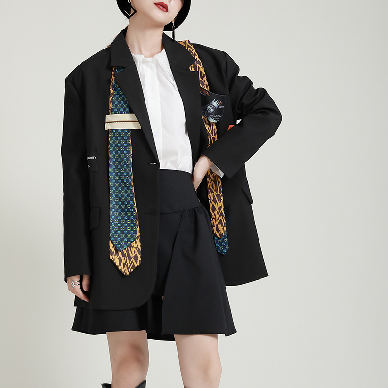 秋冬新款黑色西服 设计感拼接领带宽松休闲小西装