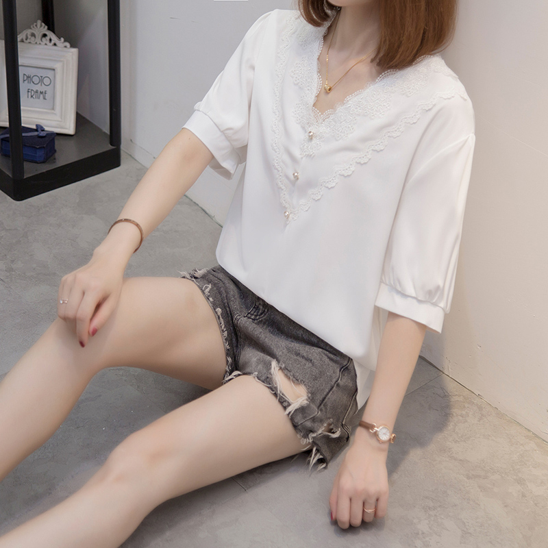 夏季新款V领钩花蕾雪纺衬衫潮