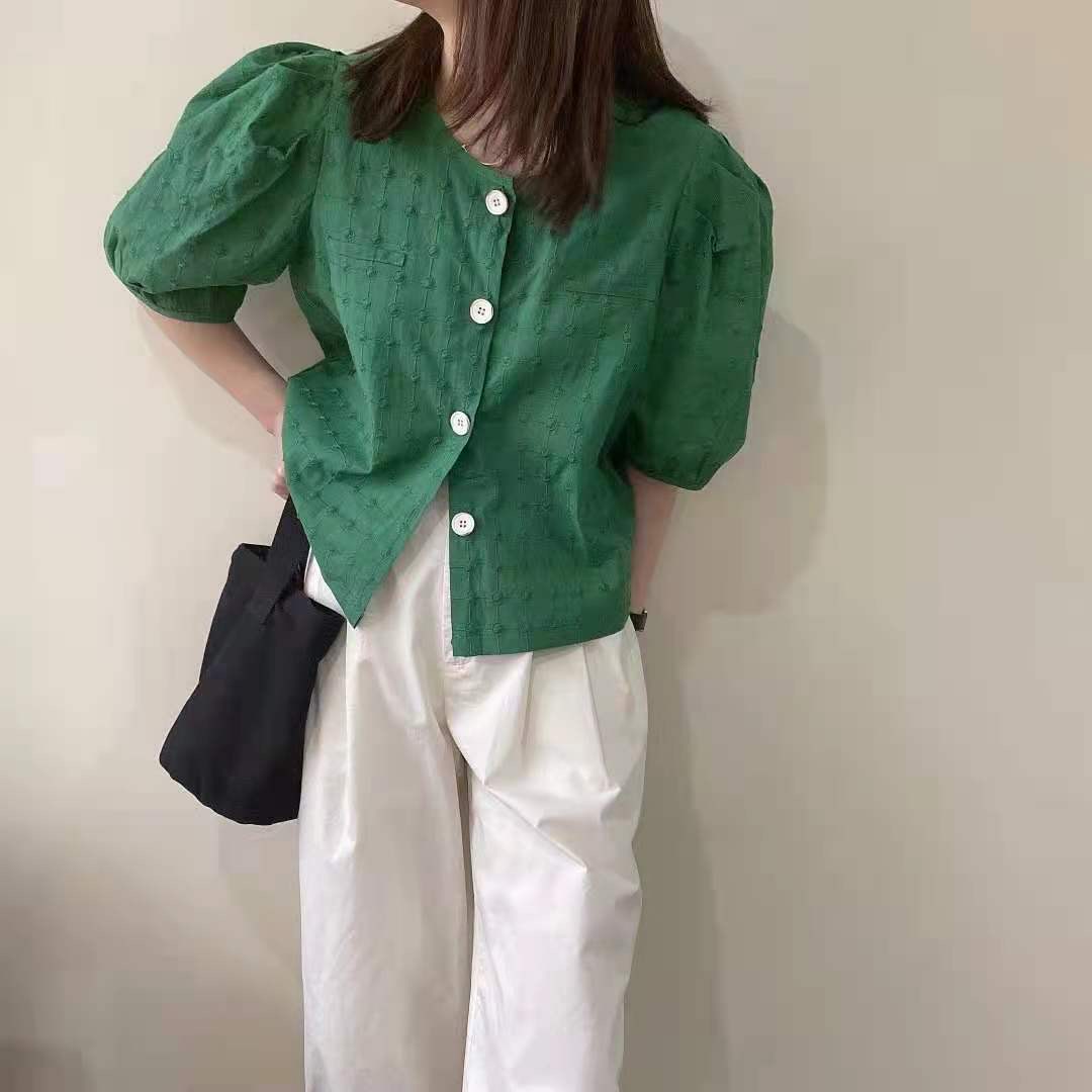 新款夏末韩版小衫碎花短袖少女感上衣女泡泡袖