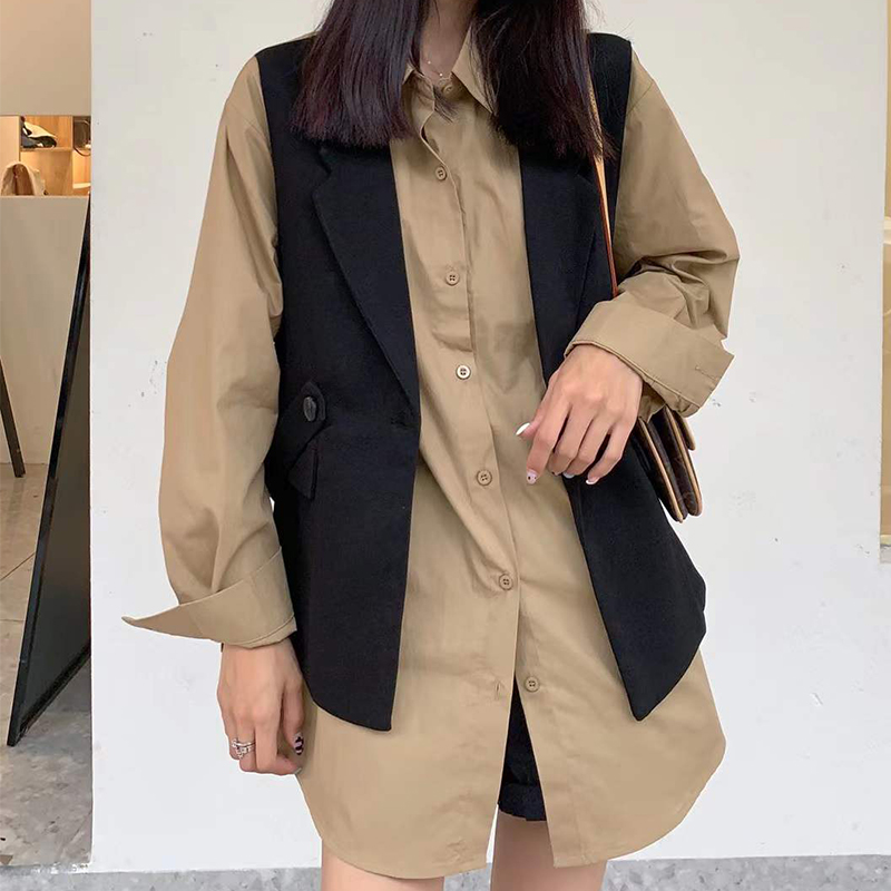 秋季新款高级感翻领韩风衬衫连衣裙百搭别致马甲两件套上衣女