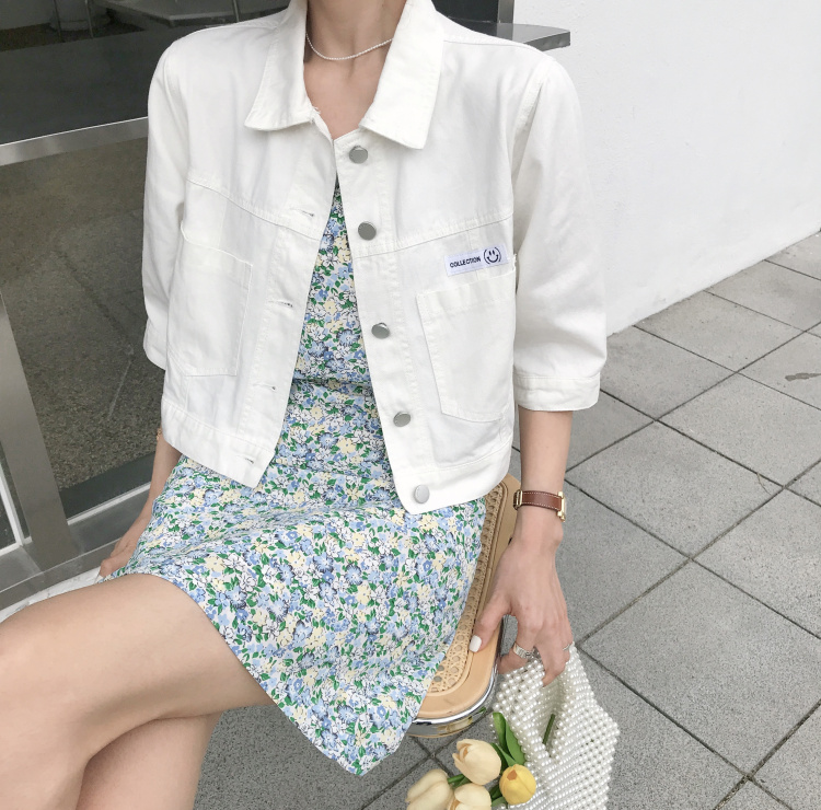 韩版法式复古碎花吊带裙+短款翻领外套两件套装女