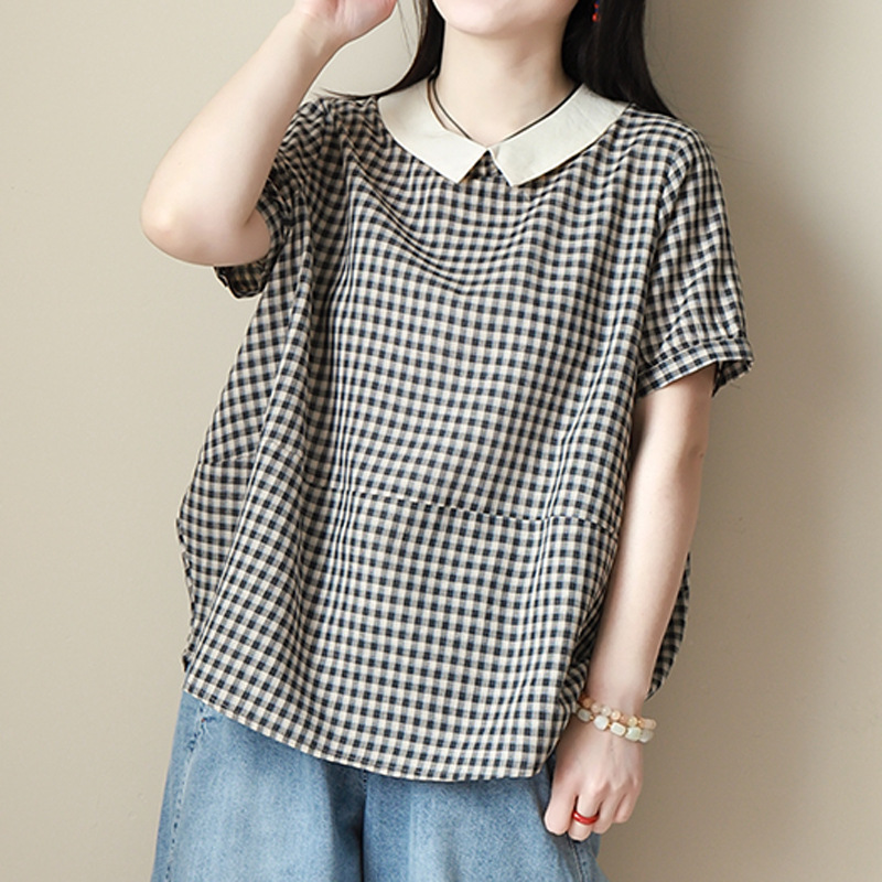 文艺休闲宽松显瘦夏季薄款复古格子婴儿棉翻领衬衫女短袖