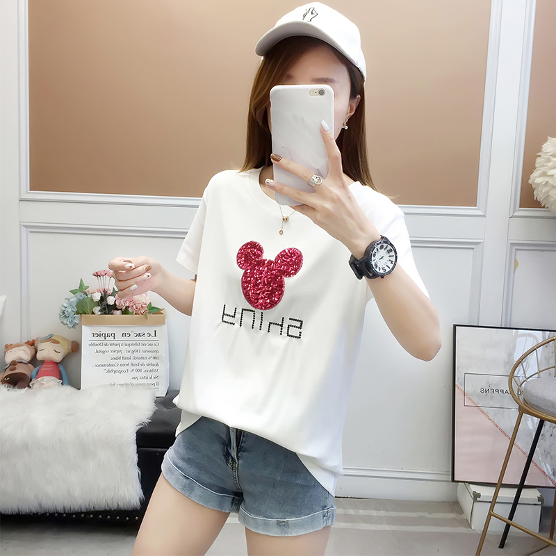 夏季韩版米奇亮片刺绣洋气百搭宽松显瘦上衣潮