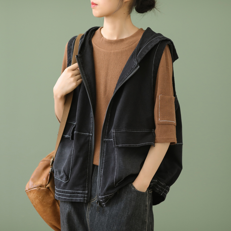 宽松文艺无袖连帽牛仔外套秋装新款拼接百搭休闲马甲