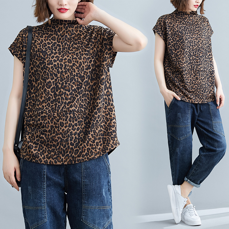 半高领豹纹韩版短袖T恤宽松大码女装胖mm百搭遮肚显瘦打底衫上衣