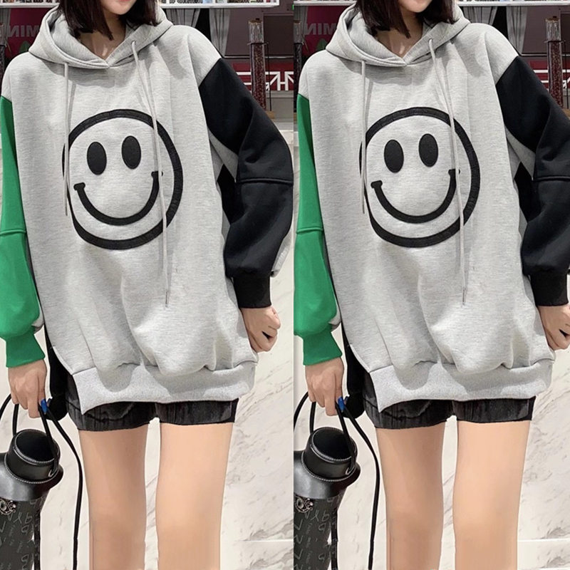 新款宽松百搭加厚笑脸图案休闲卫衣女下摆开叉上衣