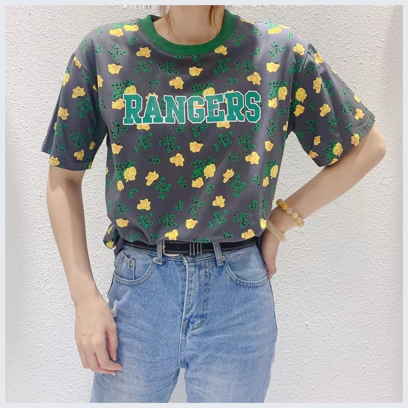 欧韩小清新花朵印花女夏季新款港味复古短袖T恤上衣