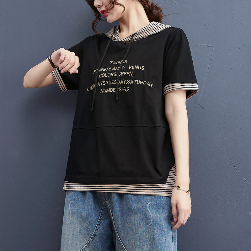 新款连帽字母刺绣T恤拼接短袖上衣夏季薄款宽松卫衣