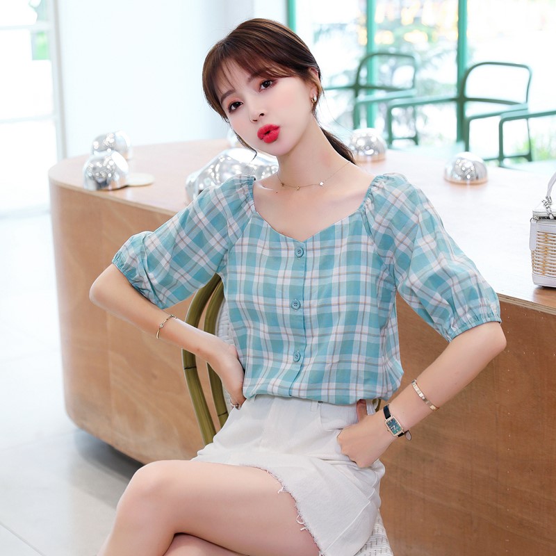 格子衬衫女夏短袖设计感小众方领上衣女新款