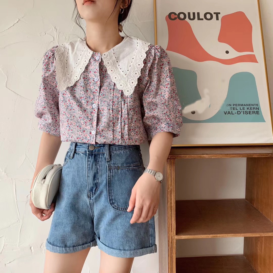 韩版宽松方领复古碎花娃娃衫设计感小众短袖衬衫上衣