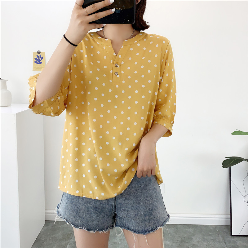 新款韩版宽松大码薄款V 领中袖大码人造棉上衣T 恤