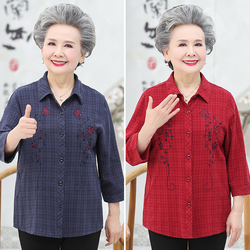 老年人春装女奶奶七分袖纯棉衬衫60岁70妈妈夏天衬衣薄款老人衣服