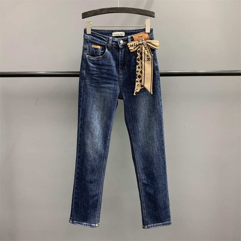 秋季新款时尚复古深蓝色直筒牛仔长裤女高腰显瘦烟管裤子