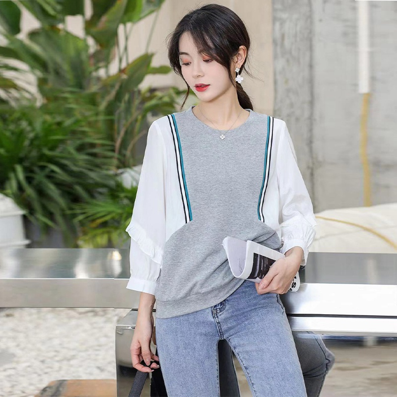 撞色拼接卫衣棉上衣领口包边套头拼接长袖宽松