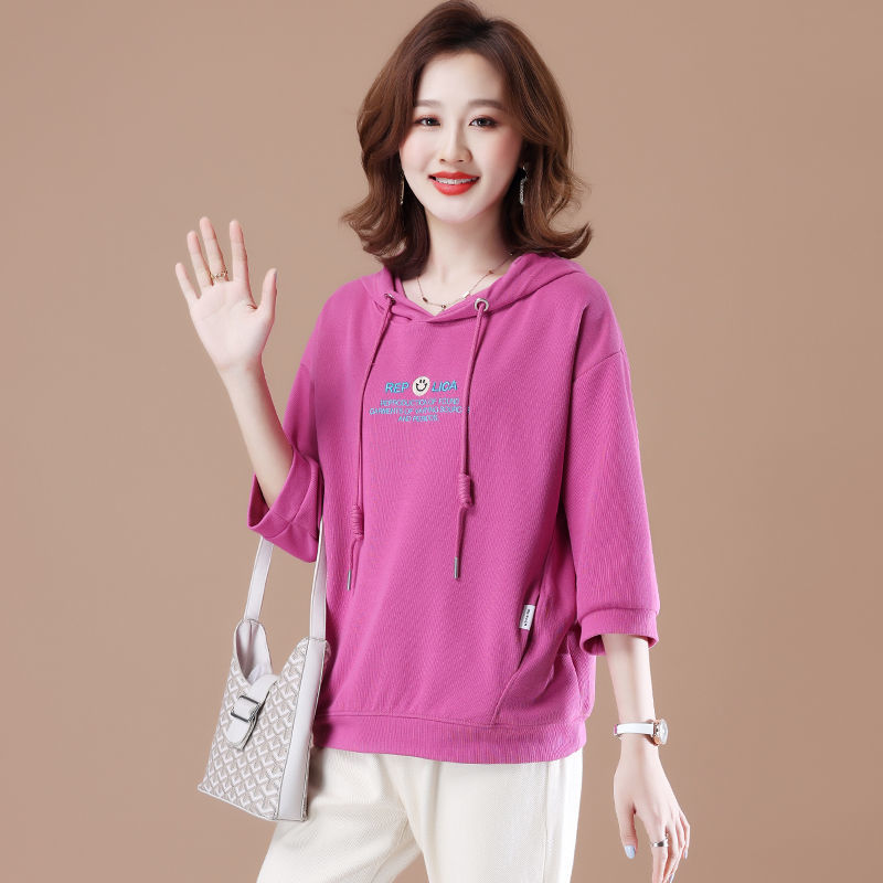 高含棉七分袖连帽卫衣女短款