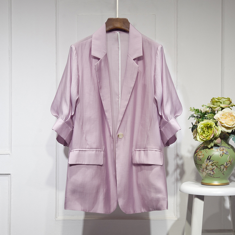 韩版中长款一粒扣花苞袖女薄款西服春夏新款潮气质小西装防晒上衣