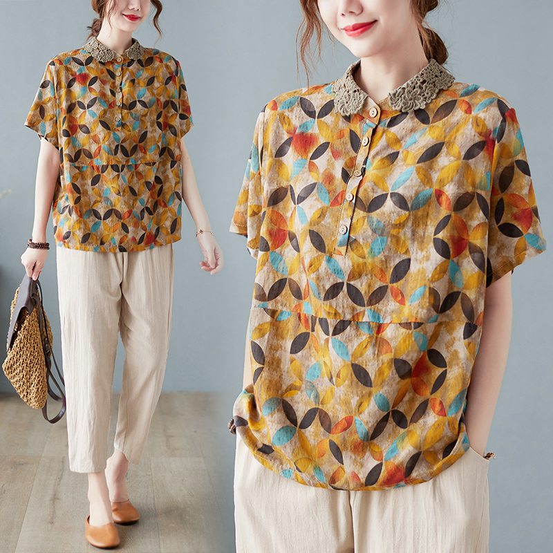 新款复古棉麻宽松印花蕾丝拼接娃娃领套头衬衣T恤衫