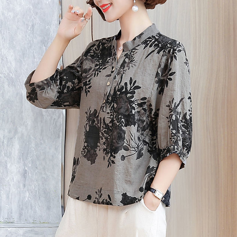 轻薄棉麻衬衫女夏季宽松大码妈妈装五分袖纯棉上衣遮肉亚麻料T恤