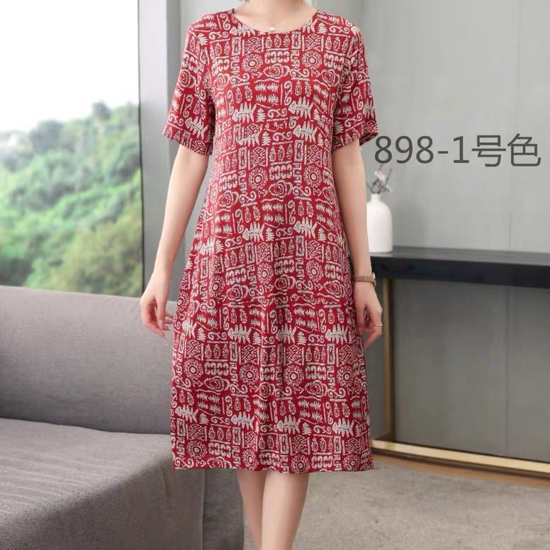 气质妈妈印花冰丝大码宽松裙子