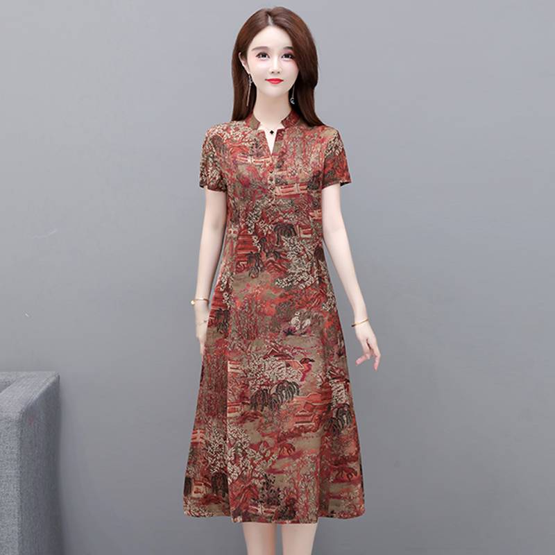妈妈夏装复古收腰连衣裙