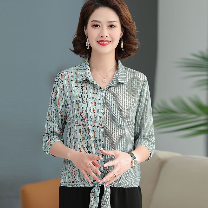 品中袖拼接百搭印花上衣洋气妈妈