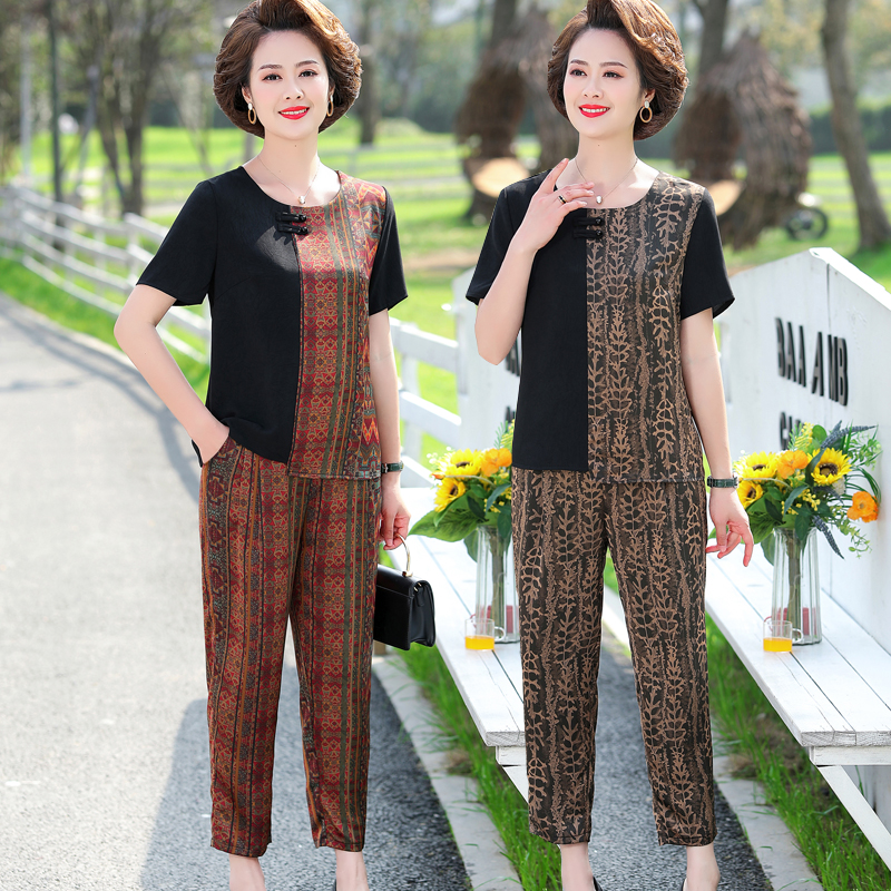 套装女夏加肥加大码胖妈妈阔腿裤两件套