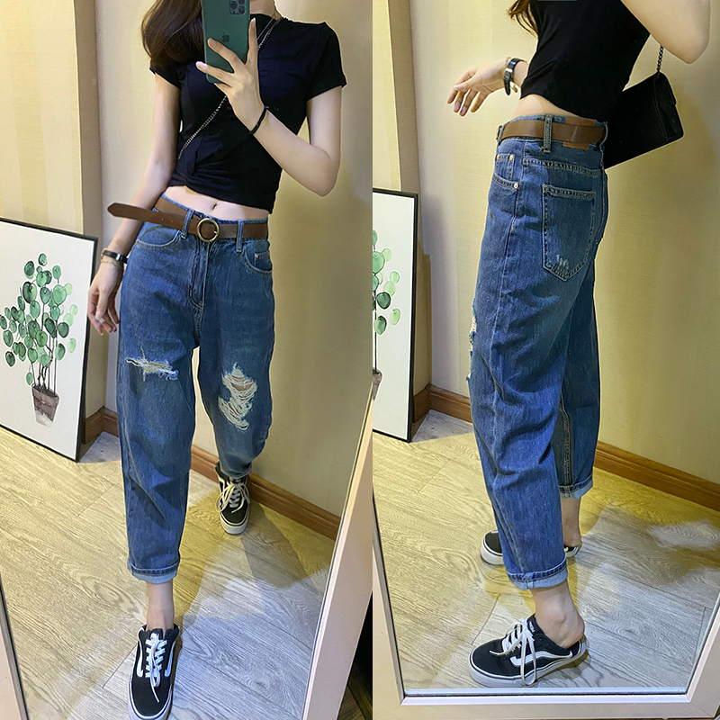 夏季薄款深蓝破洞哈伦裤老爹裤牛仔裤女宽松乞丐九分裤