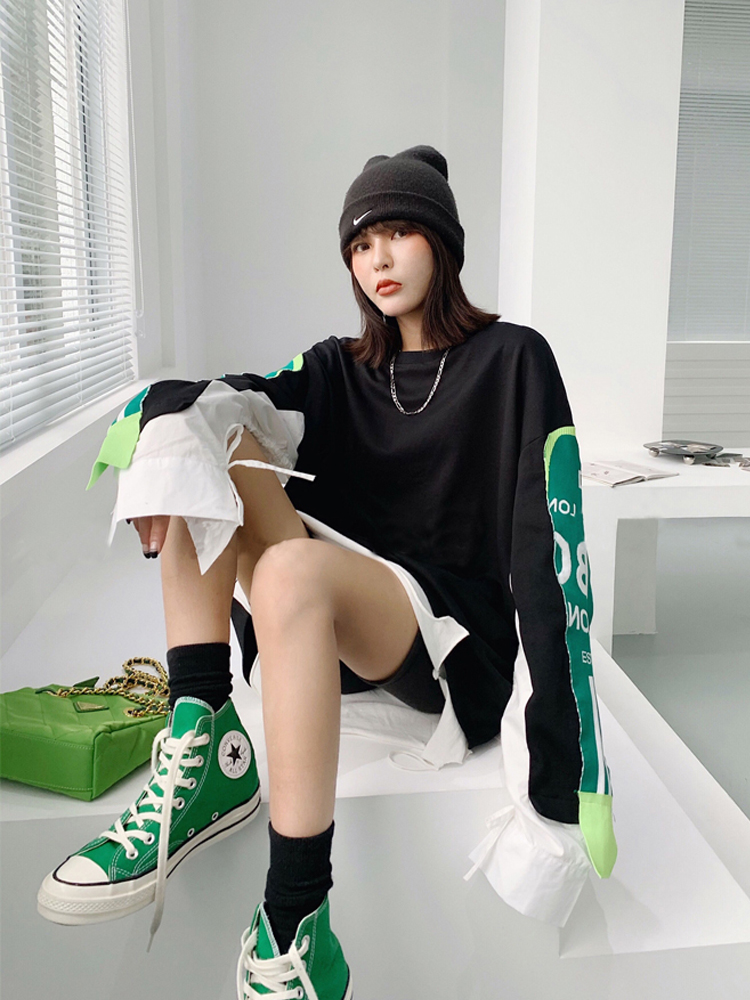 潮牌卫衣女宽松bf慵懒风年春秋新款印花拼接衬衣袖上衣