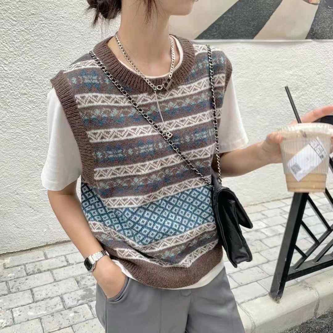 秋季韩版复古条纹宽松圆领无袖内搭羊毛线针织马甲背心女上衣