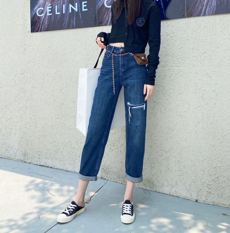 深蓝色高腰破洞九分哈伦裤女秋季新款显瘦老爹裤