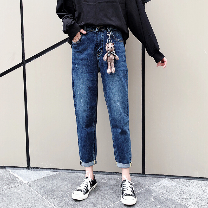 深色高腰重工牛仔裤女春季新款显瘦九分老爹哈伦裤