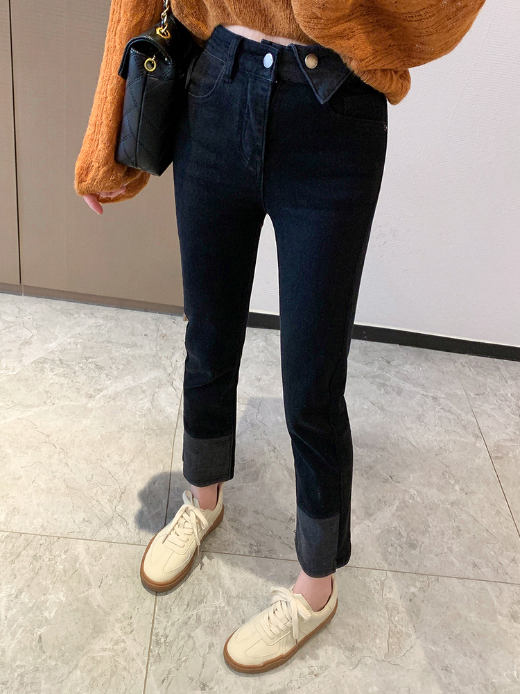 黑灰色牛仔裤女秋季新款韩版高腰弹力小直筒紧身裤烟管裤子