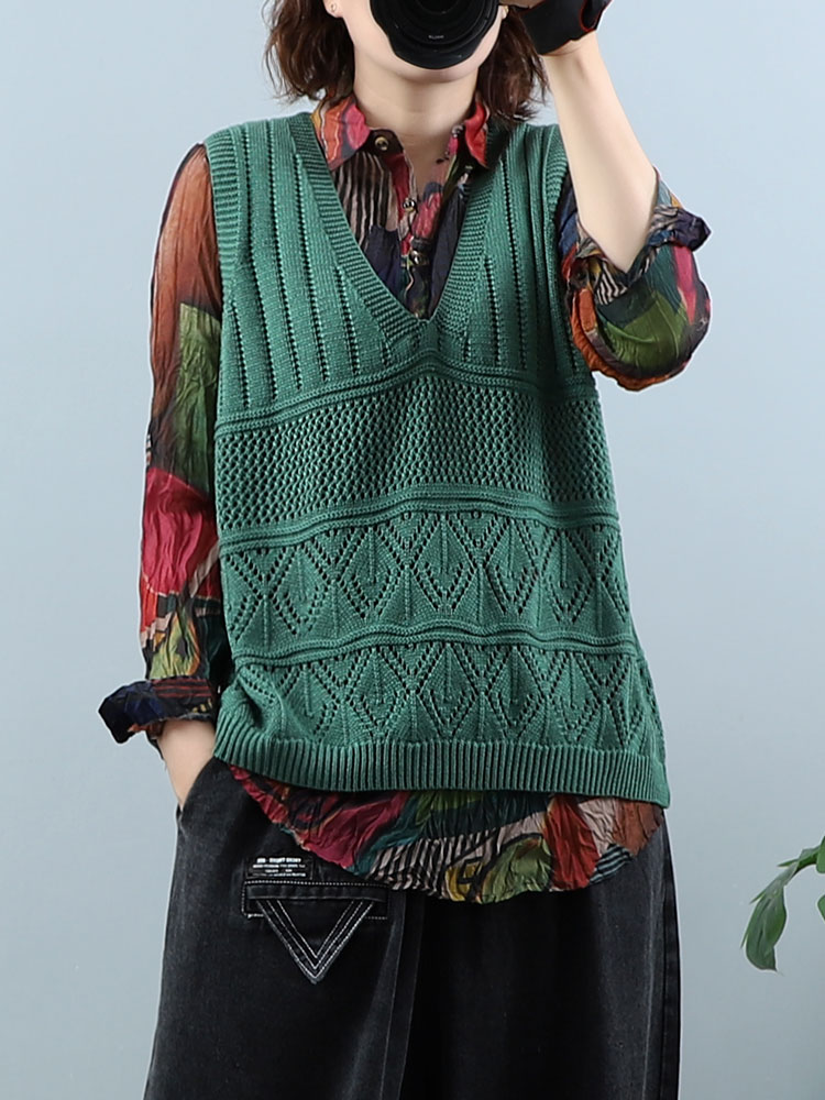 早秋新款镂空针织背心女外搭文艺范宽松百搭v领套头无袖毛衣马甲