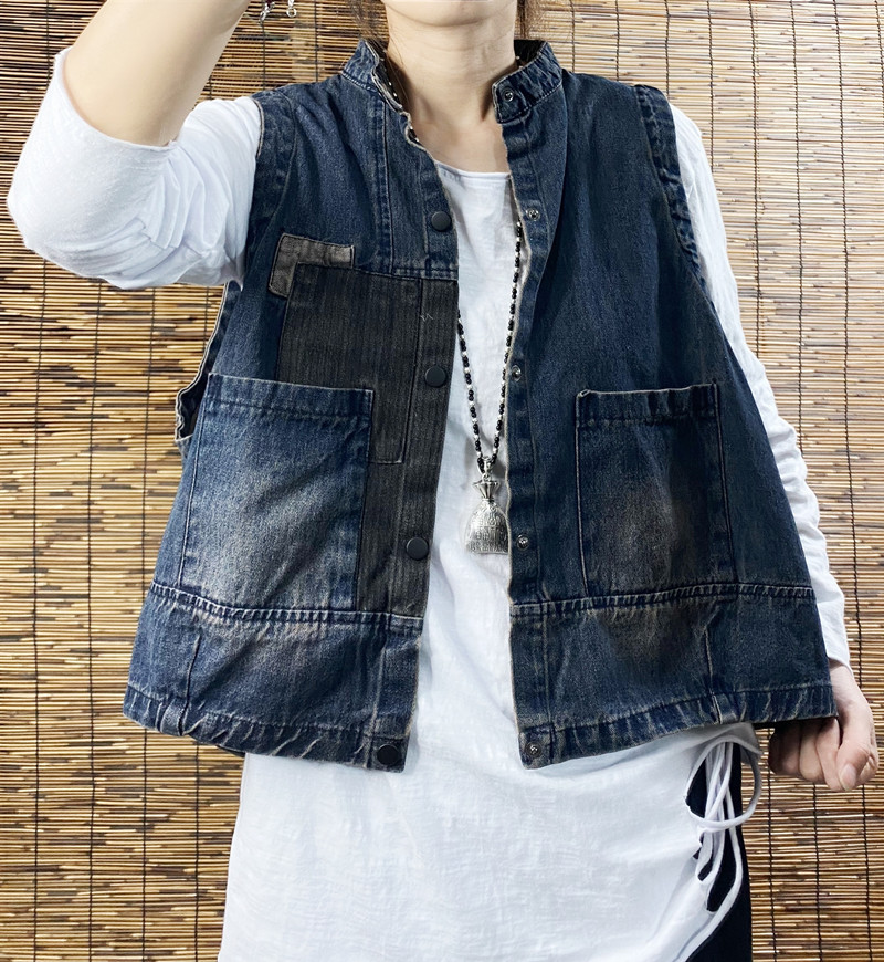 秋季原创设计大码宽松短牛仔马夹女复古条纹贴布立领坎肩潮