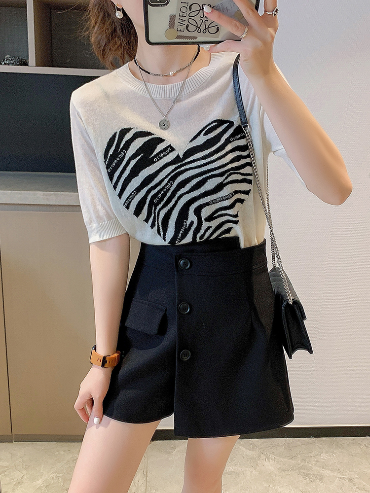 爱心短袖羊毛针织衫女早秋新款百搭圆领薄套头打底衫t恤上衣