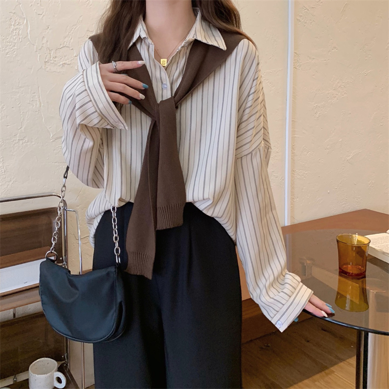 条纹衬衫女春秋新款韩版宽松慵懒风设计感小众长袖百搭上衣