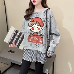 新款韩版宽松秋季女装卡通圆领拼接套头上衣潮