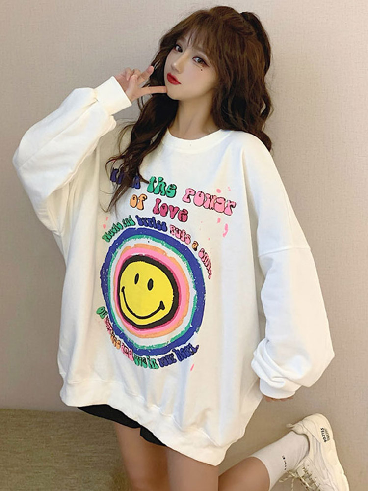 笑脸印花白色卫衣女装春秋季新款韩版日系套头长袖宽松上衣服