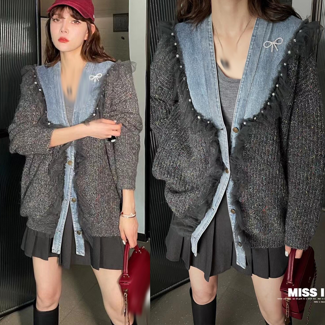 秋季新款木耳边甜美风牛仔拼接大版羊毛开衫潮