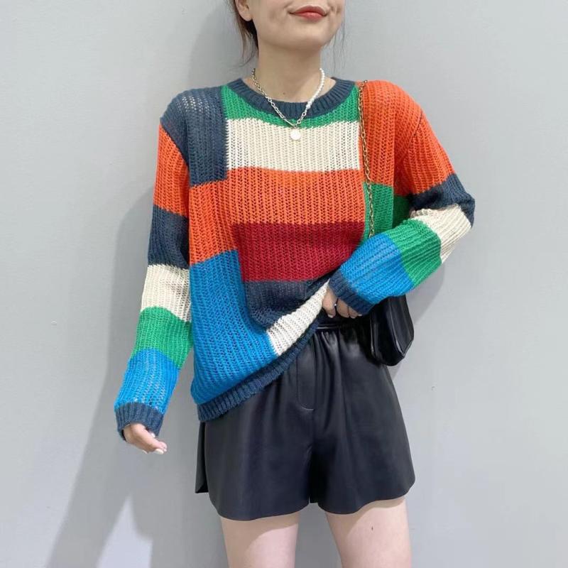 秋季新款薄款慵懒风拼色拼接羊绒针织衫女宽松百搭套头上衣潮