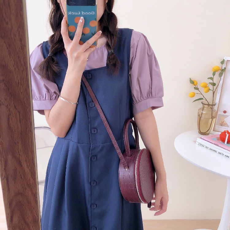 减龄方领西装雪纺衫单排扣背带连衣裙2件套套装